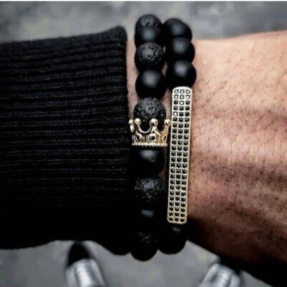 NWOT Beaded Lava Rock Natural Stone Adjustable Bracelet Golden Crown For Men - Picture 4 of 6